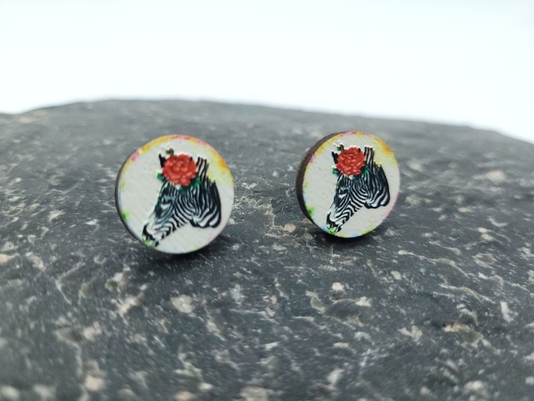 Zebra 3D Holz Scheiben Ohrstecker